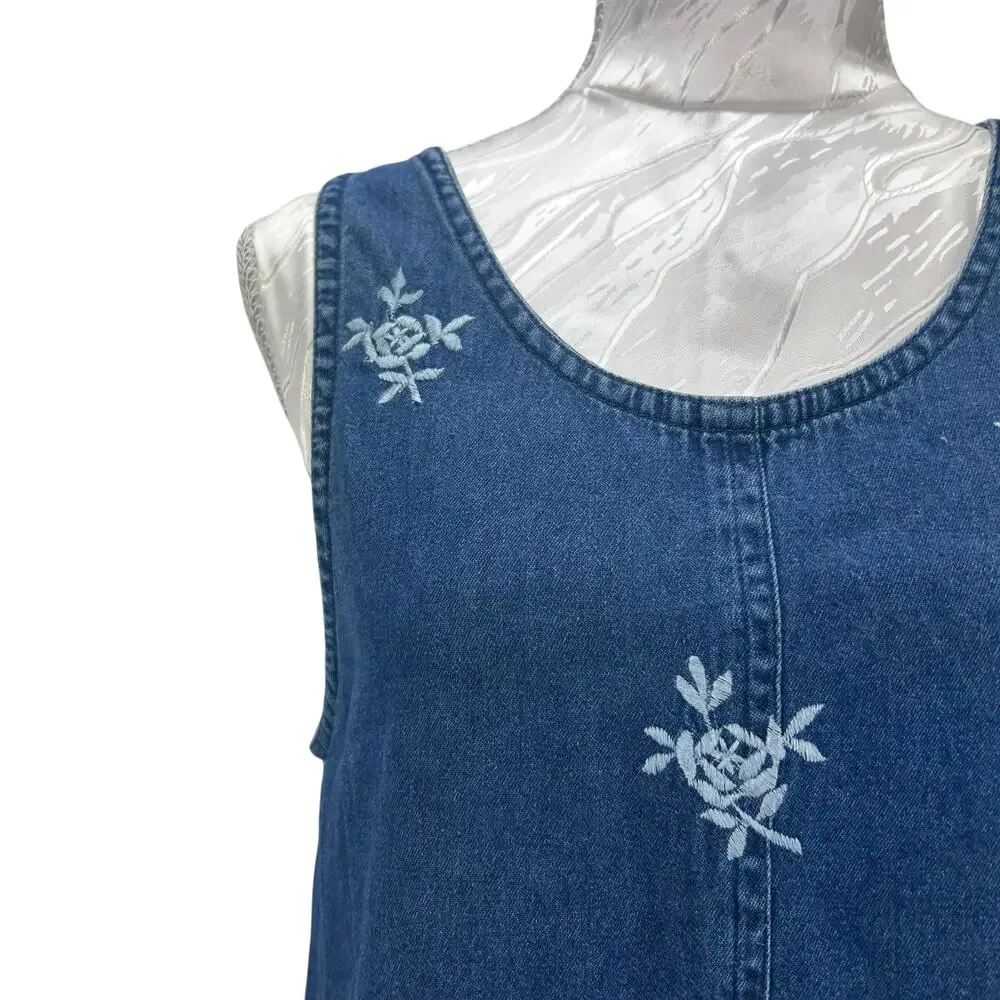 Vintage Embroidered Denim Dress Floral Sleeveless Button Side Blue Womens Small - Picture 7 of 11